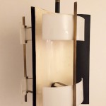 Floor lamp in black and white lacquered metal, perspex and brass