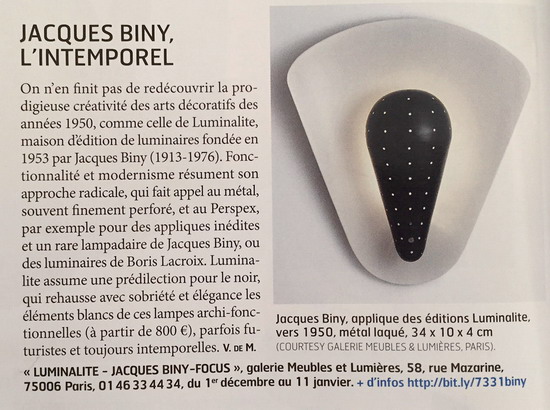 2 Connaissance des Arts Jacques Biny Luminalite Galerie Meubles et Lumieres